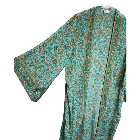 L’Atelier de Sonja Silk Viscose Boho Kimono Duster Jacket Green Gold Floral - Picture 7 of 10